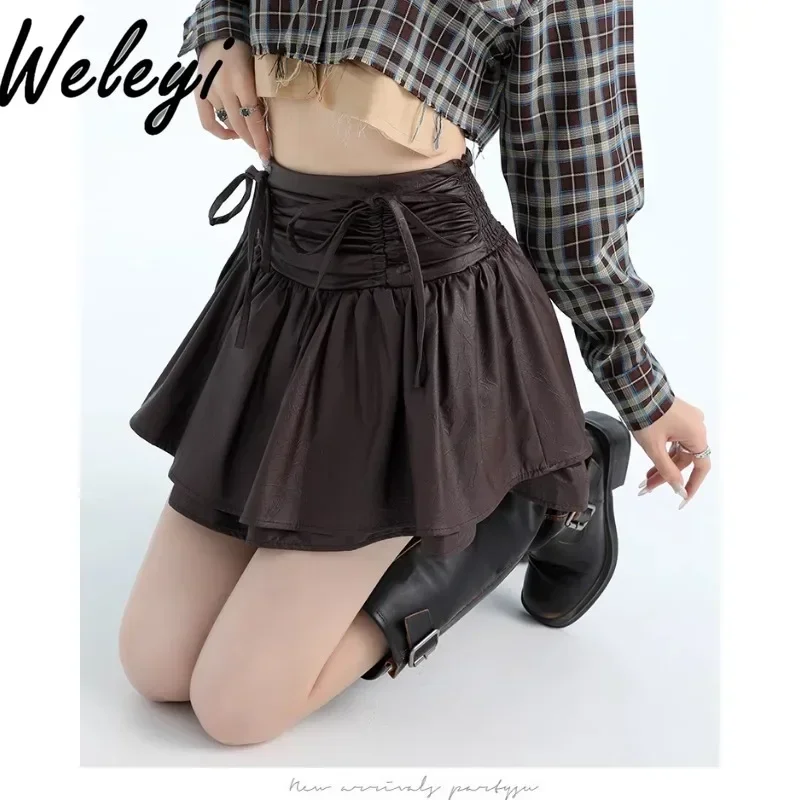 Hot Girl Elastic Waist Pleated Strap-up Bow PU Leather Skirt 2024 Autumn New Women's High Waist A-line Ruffle Edge Short Skirts