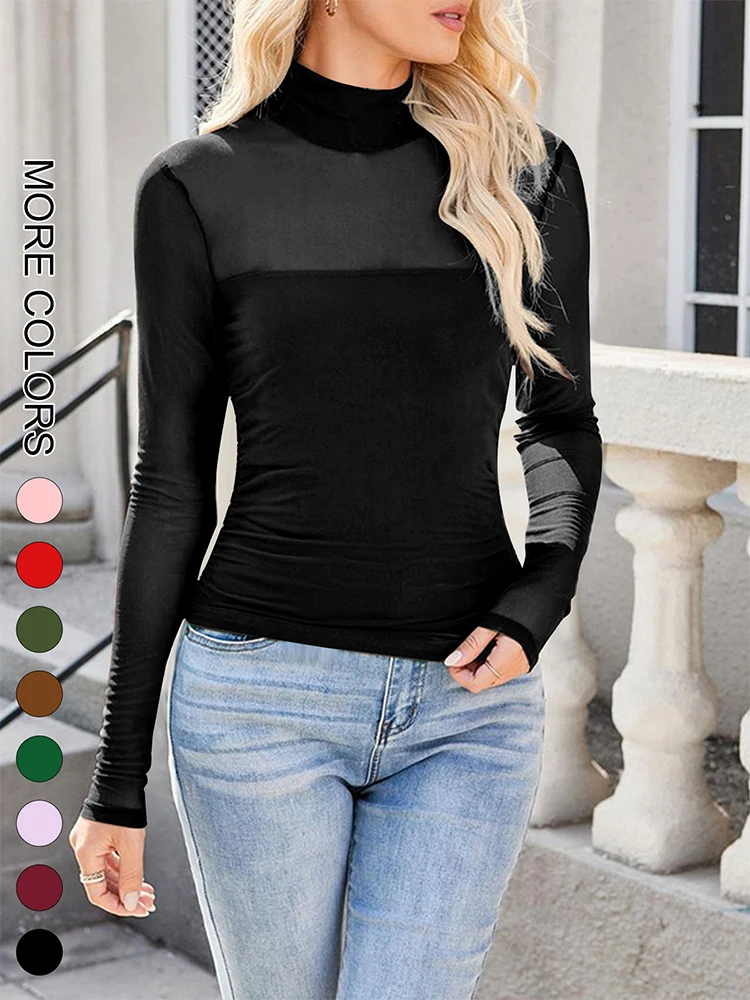 

Sheer Mesh Women's Turtleneck Top Buttery Soft Slim Fit Long Sleeve Y2K Trendy Layering Essential For Fall Outfits Top Clothing