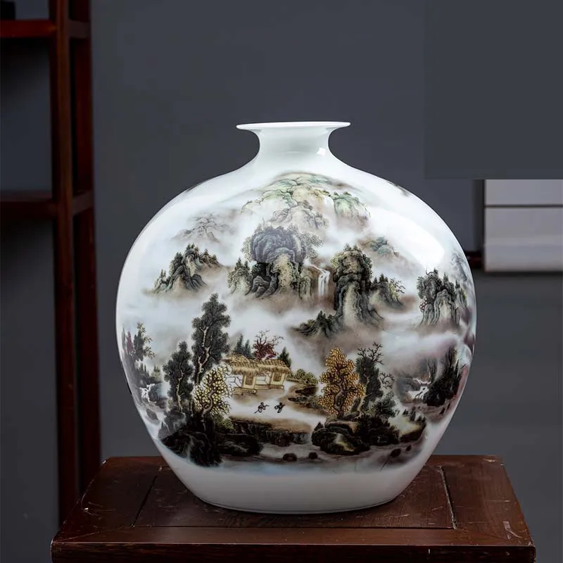 

Chinese Vase 14 Inch Tree Village Scenery Ceramics Landscape Painting Vase Ornaments Ceramic Vase Vintage Bottle Porcelain