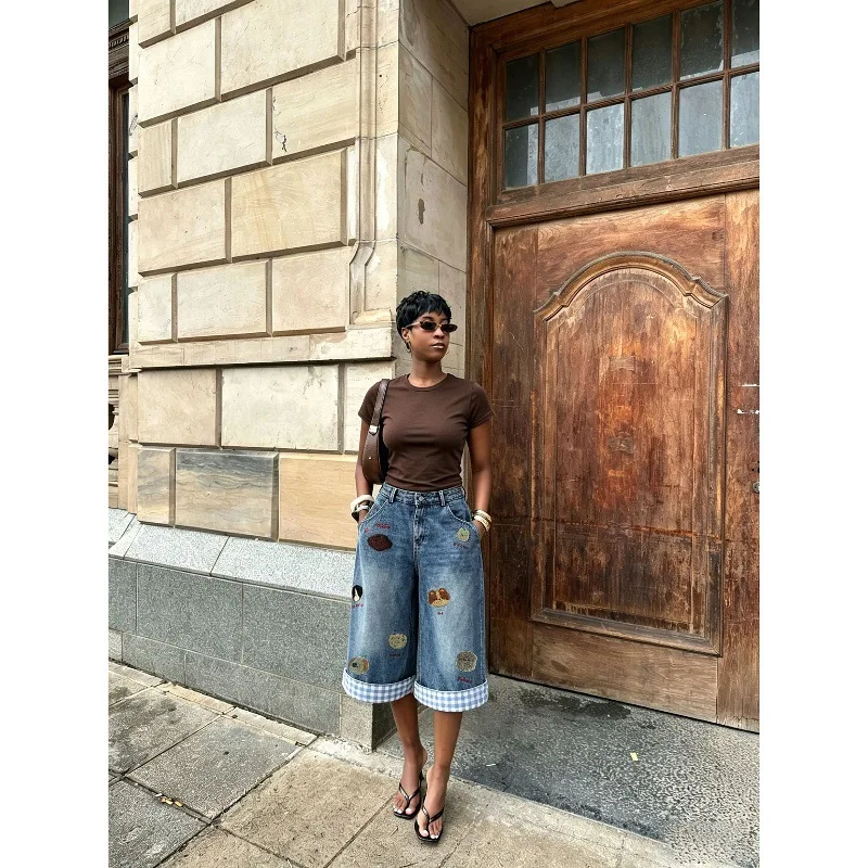 Women Denim Pant Jeans Vintage Wide Leg Long Pants High Waist Trousers Y2k Streetwear Elegant Splice Work Casual Loose Summer