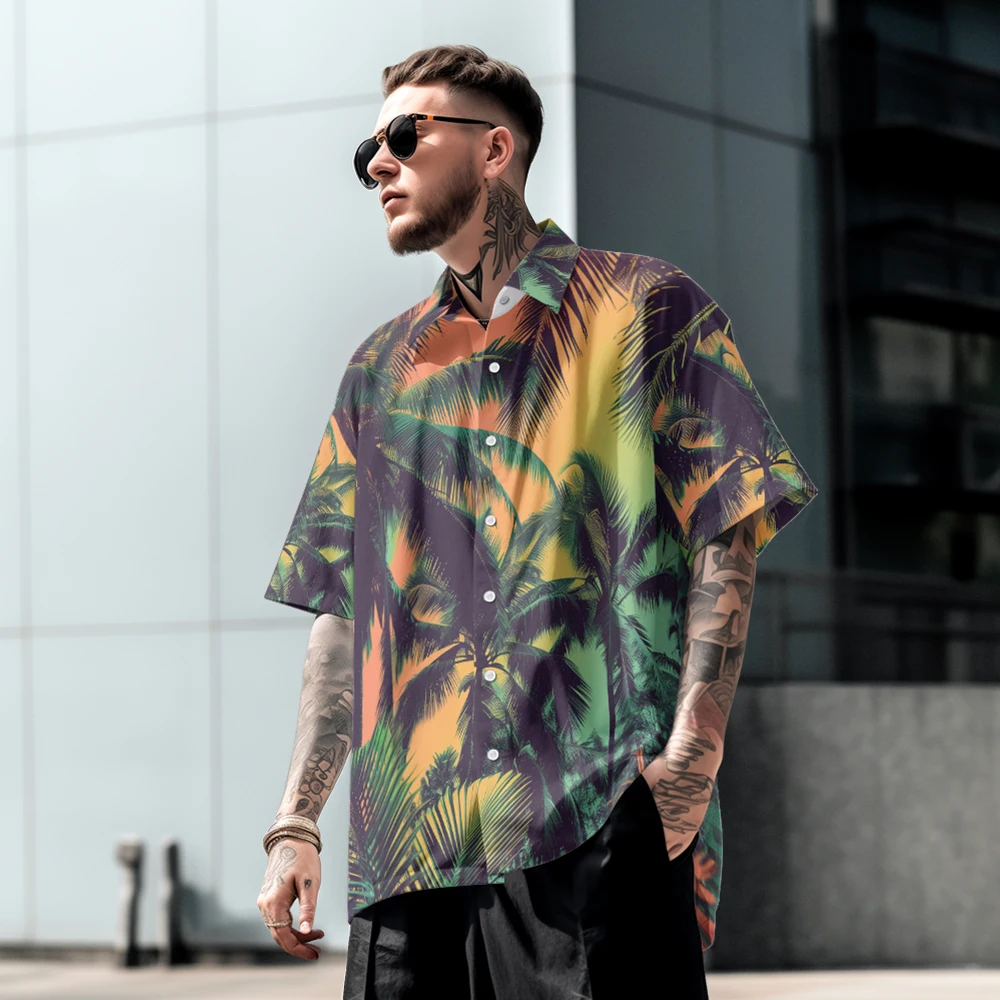 

Summer casual oversized short sleeved shirt with tropical print, loose fit and comfortable Hawaiian beach trend, single breasted