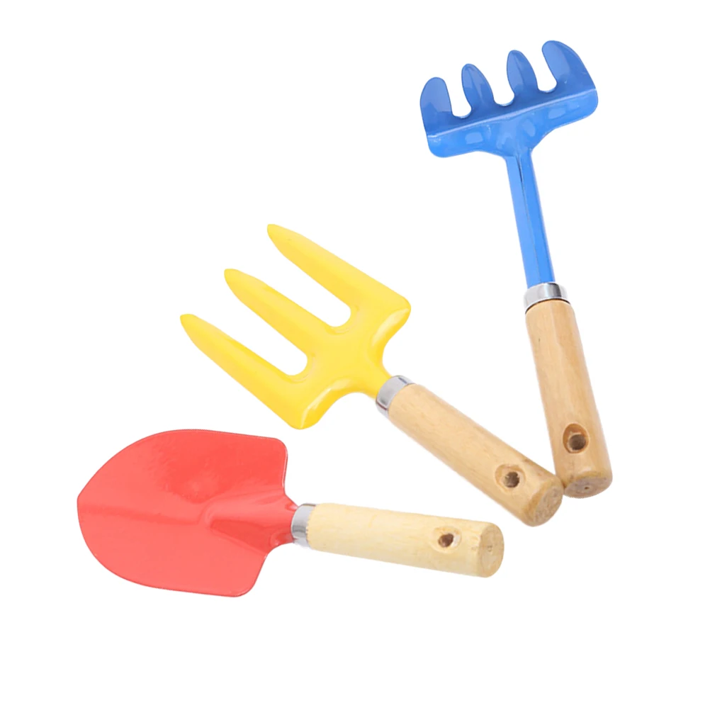 

3PCS Colorful Carbon Steel Gardening Tools Portable Planting Flowers Tools Wooden Handle Spade Shovel Rake for