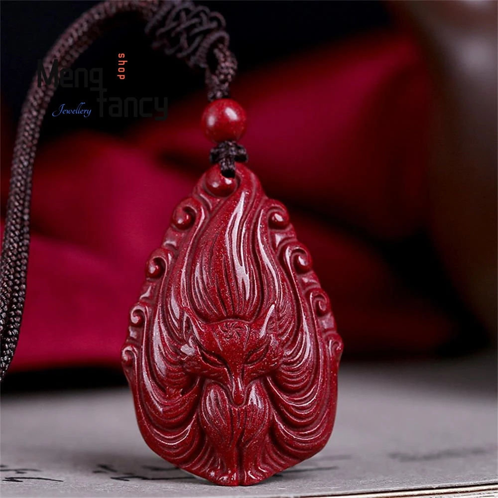 

Cinnabar Nine Tailed Fox Pendant Chinese Natural Jade Hand-Carved Amulets Mascots Sweater Chain Fashion Women Men Necklace Gifts