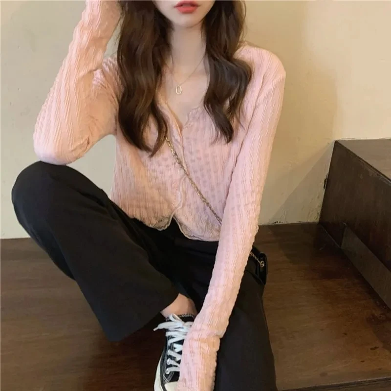 GIDYQ Elegant Korean Shirt Women Casual Lace Patchwork Cropped Tops Fashion Female Folds Loose Long Sleeve Shirt New