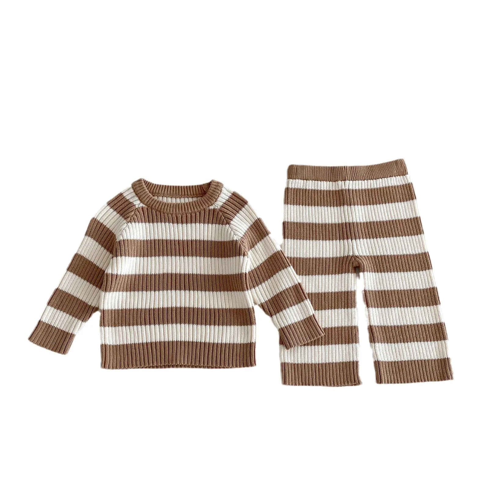 2024 Autumn New Children Long Sleeve Striped Knitted Set Boys Girls Pullover Sweater + Pants 2pcs Suit Kids Baby Casual Outfits