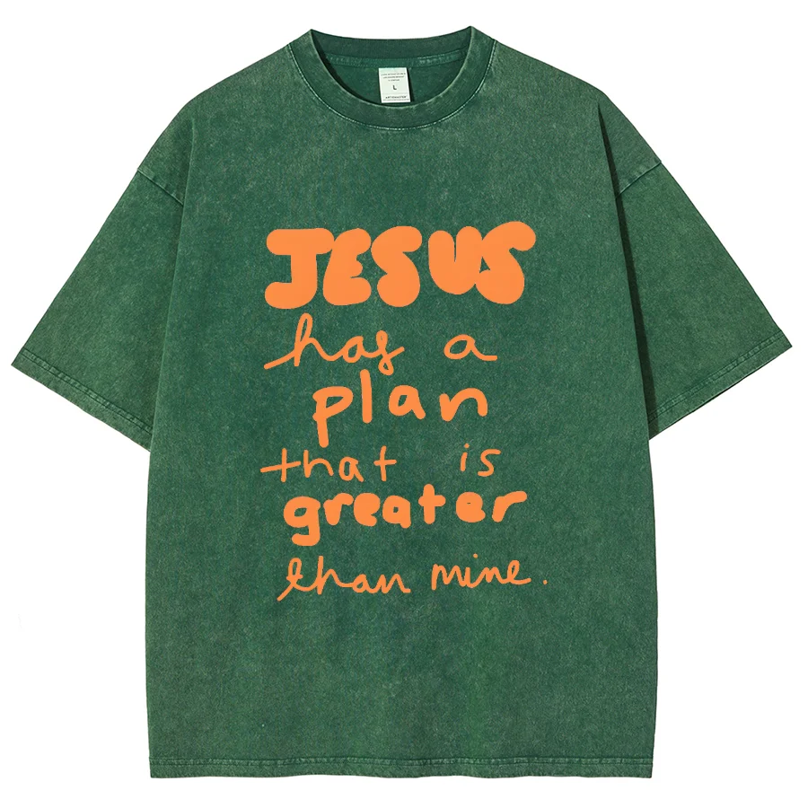 Jesus Plan Greater Y2K Washed Short Sleeve T-Shirt, Creative Printed Unisex Vintage Streetwear New Fashion Plus Size Casual Tops