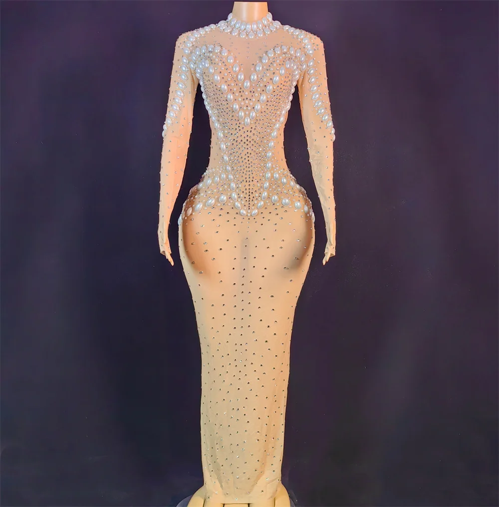 진주 럭셔리 생일 드레스 여성 고고 댄서 의상 가수 호스트 무대 착용 긴 소매 슬림 롱 드레스 반짝이 의상 yj591