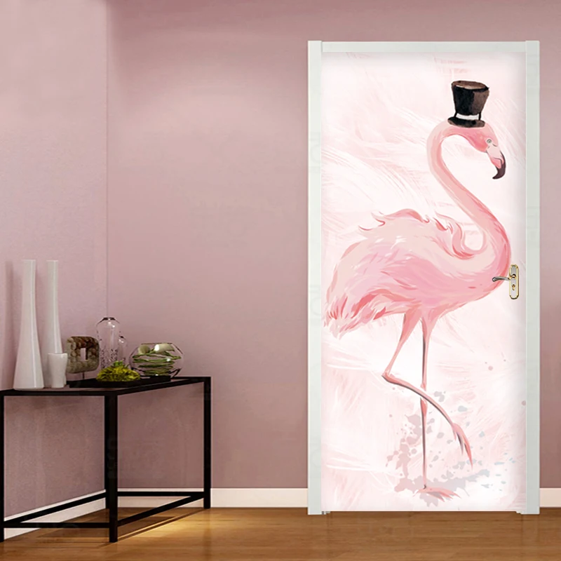 Tropical Pink Flamingo Door Sticker Poster Living Room Bedroom PVC Self-Adhesive Waterproof Wallpaper Creative Door Decor Decal