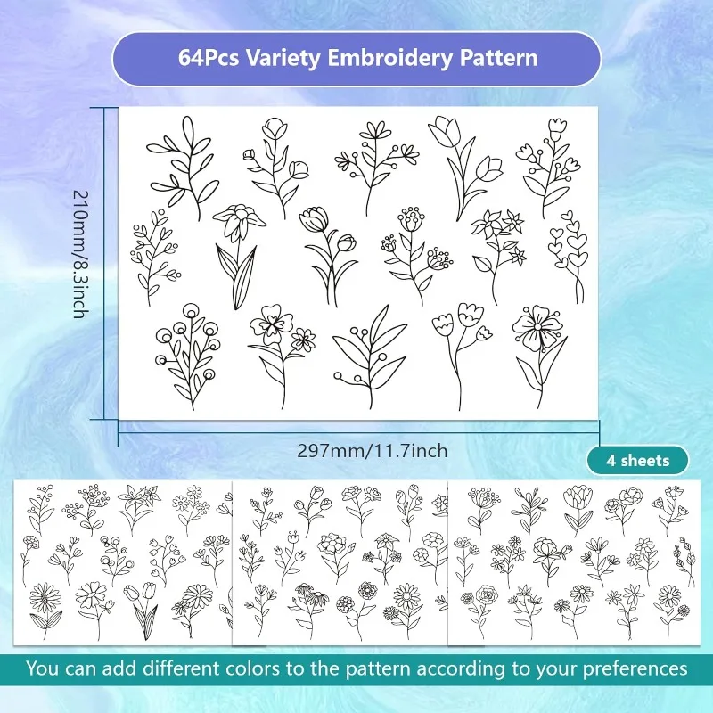 4 Sheets Flowers Pattern Water Soluble Hand Sewing Stabilizers for Fabric Embroidery Stitch for Embroidery Beginners Lovers