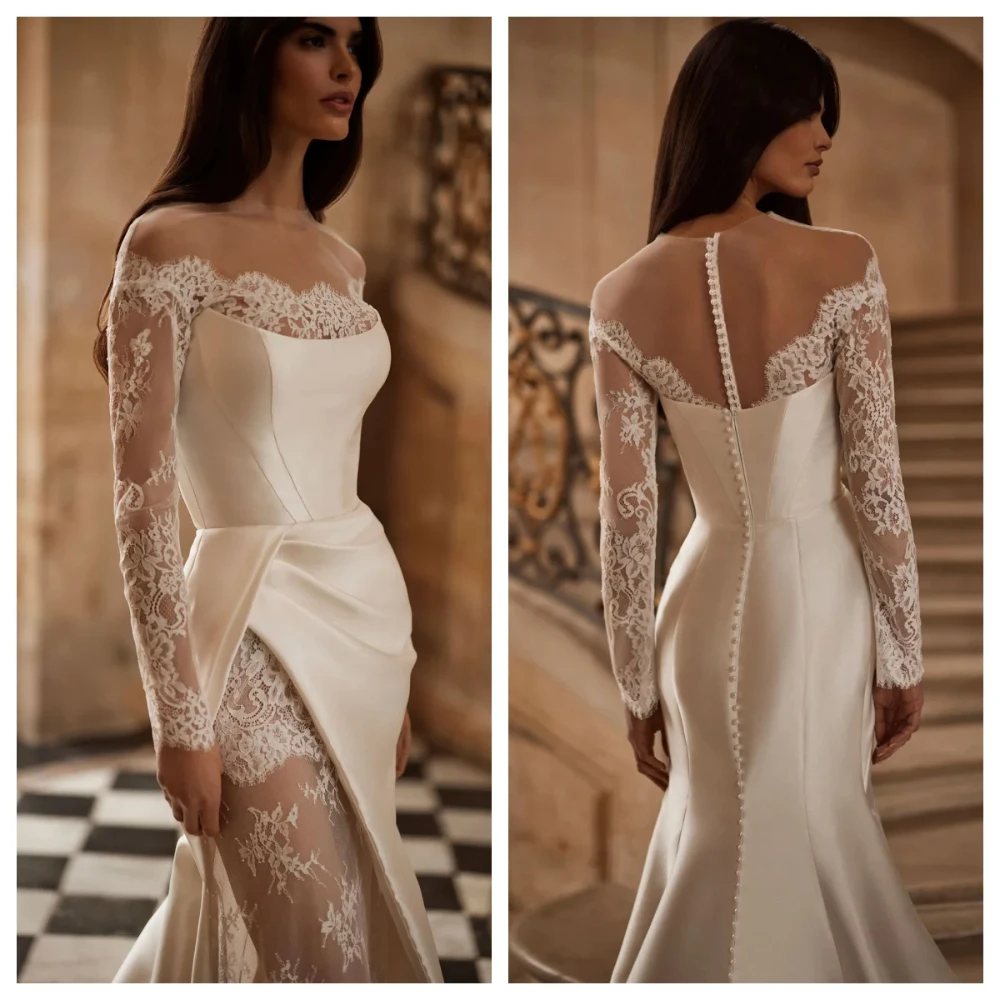 Customized Exquisite Wedding Dress Satin-effect Lace Long Train-style Strapless Wedding skirt Elegant Handcrafted Evening Gowns