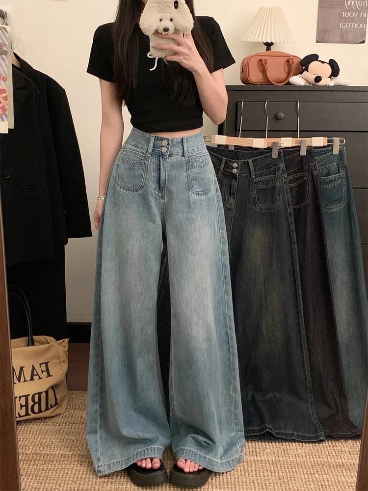 

Джинсы женские с высокой талией, широкими штанинами, двойным слоем, из денима, весенний дизайн, свободные, стройнящие, драпирующиеся, прямые, в пол