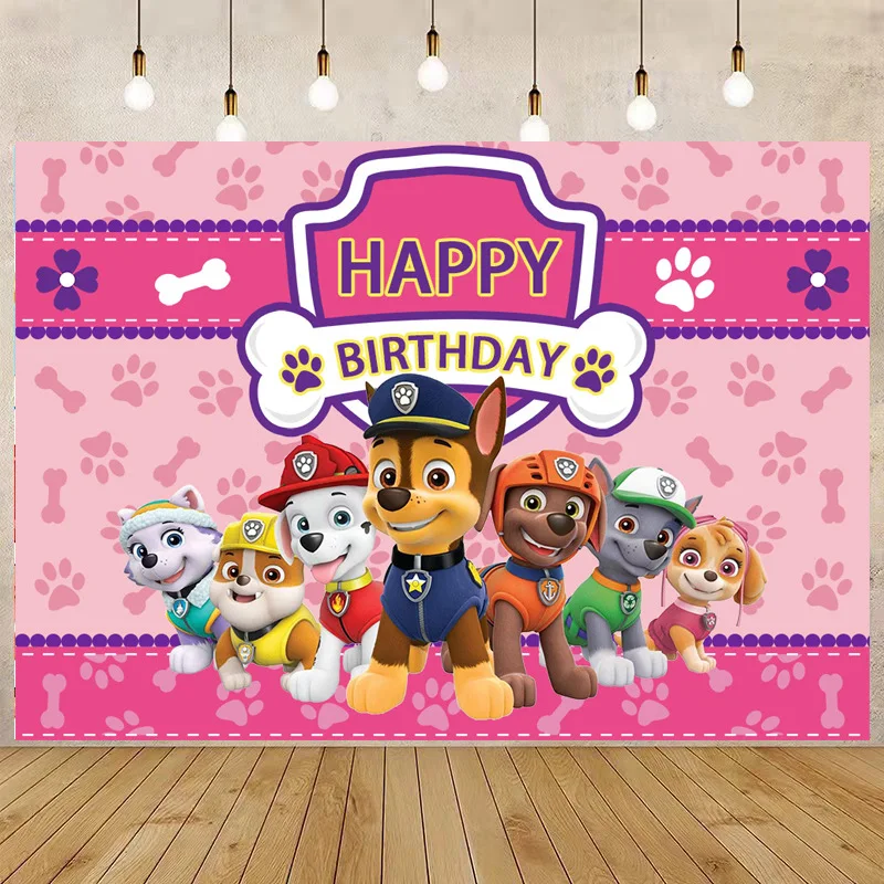 Pink Theme Pup Squad Birthday Party Decoration Backdrop Balloons Customizable Name and Year Banner for Kids Girls Party Supplies