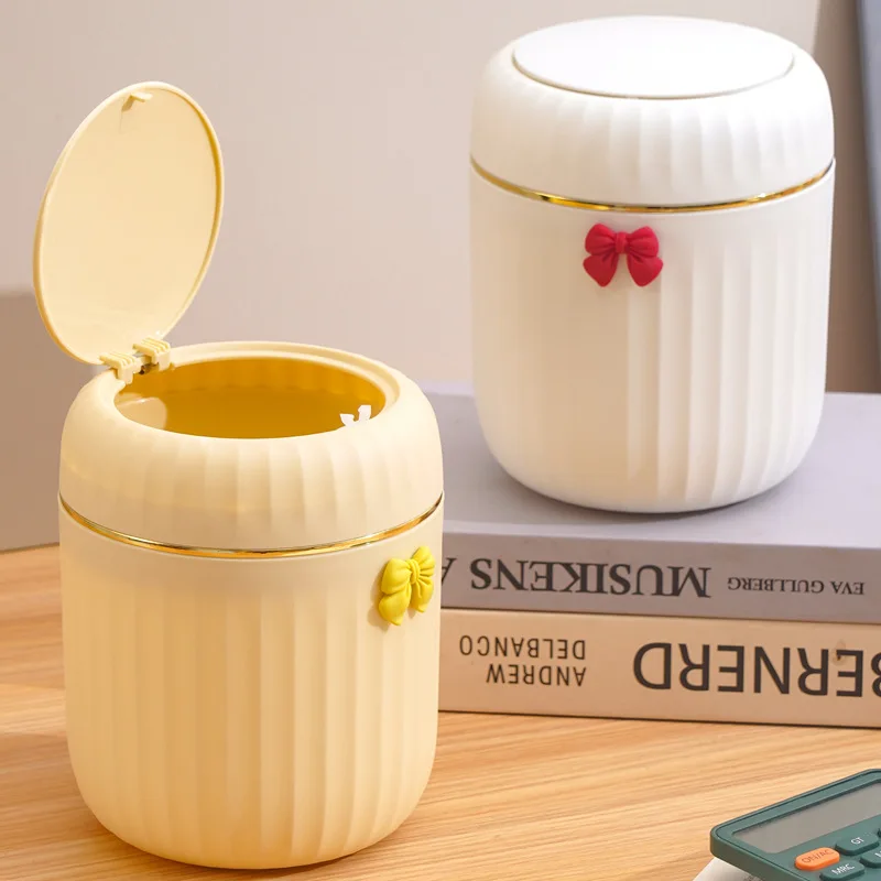 Light luxury press type desktop trash can, creative small coffee table, office living room, study room with cover, cute bow tie