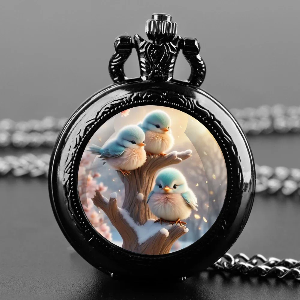 Tiny Blue Birds Glass Dome Quartz Pocket Watch With Durable Chain Arabic Numeral Dial Creative Gifts for Men Women Kids