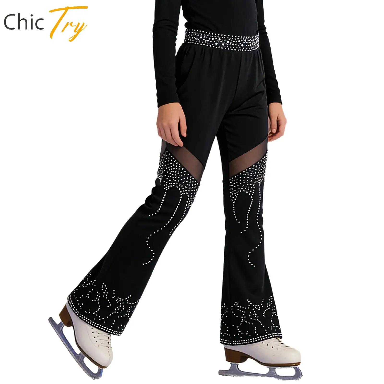 

Children Girls Gymnastics Ballet Dance Pants Thin Fleece Lined Leggings Rhinestones Mesh Trousers Figure Ice Skating Costumes