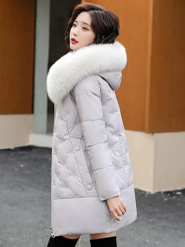 Invierno 2025 abrigo de piel auténtica con cuello de piel de longitud media para mujer abrigo de piel con capucha para ir al trabajo Sle