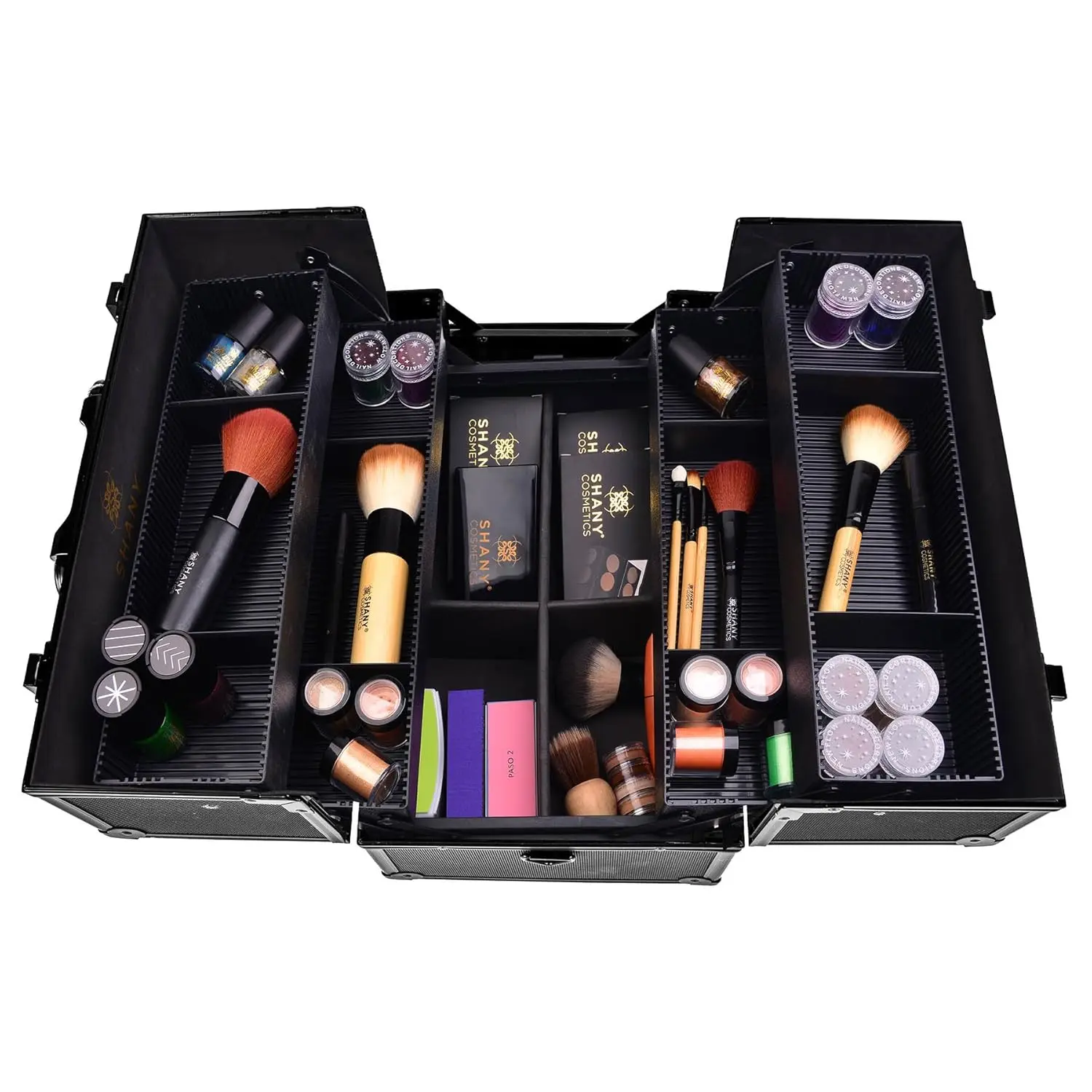 حقيبة مكياج احترافية محمولة مع أقفال ومقصورات متعددة وحزام كتف - باللون الأسود بالكامل