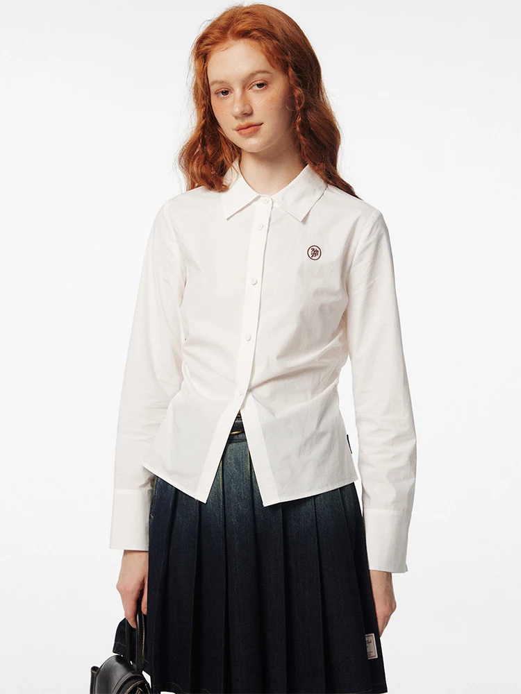 

NAPSNAPS Original Slim Fit Long Sleeve Shirt Women's Spring Waist Cinch American College Style White Top Japanese Style Shirt