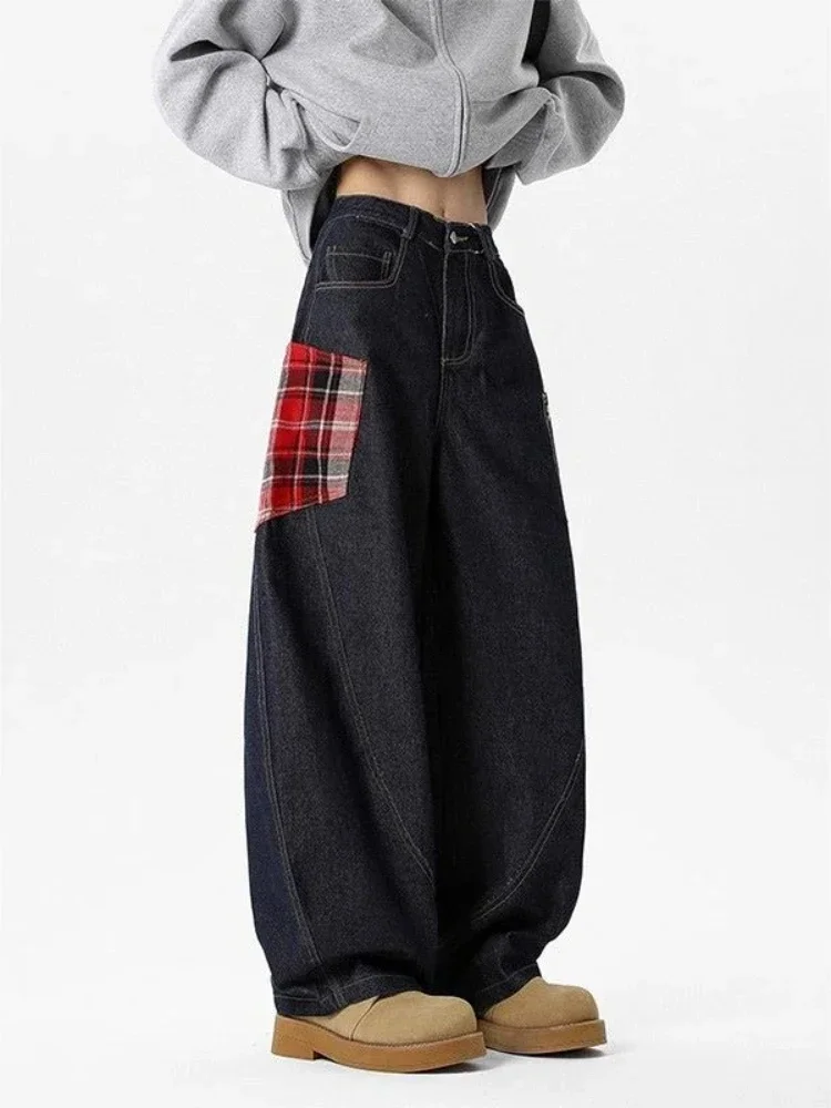 ADAgirl Retro Plaid Cargo Denim Pants Women Y2k Hip Hop Chic Loose Patchwork Kpop Zipper Wide Leg Jeans Harajuku Causal Bottoms