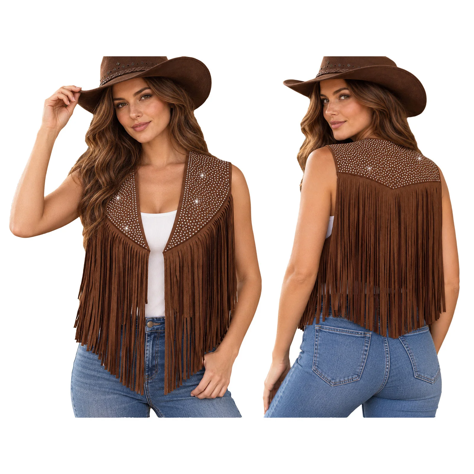 Women Open Front Shiny Rhinestones Faux Suede Tassels Western Cowgirl Vest Halloween Theme Party Carnival Cowboy Cosplay Costume