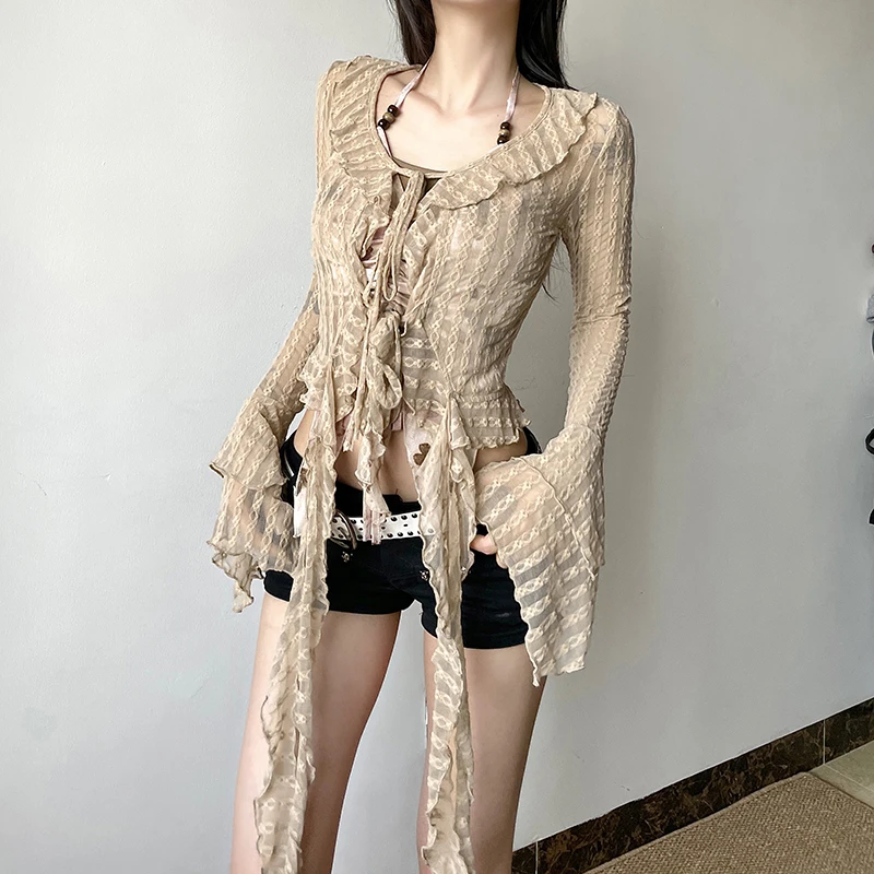 Xingqing Coquette y2k Top Women Fairycore Khaki V Neck Flared Long Sleeve Ruffle Hem Shirt 2000s Aesthetic Blouse Streetwear