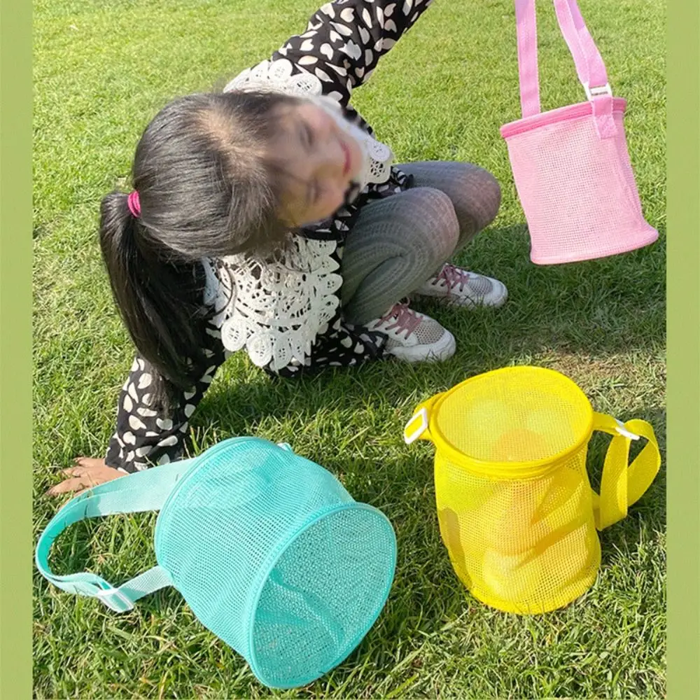 Mesh Beach Bag Outdoor Beach Mesh Bag Storage Pouch Net Adjustable Shoulder Strap Round Bucket Zipper Sundries Organizers