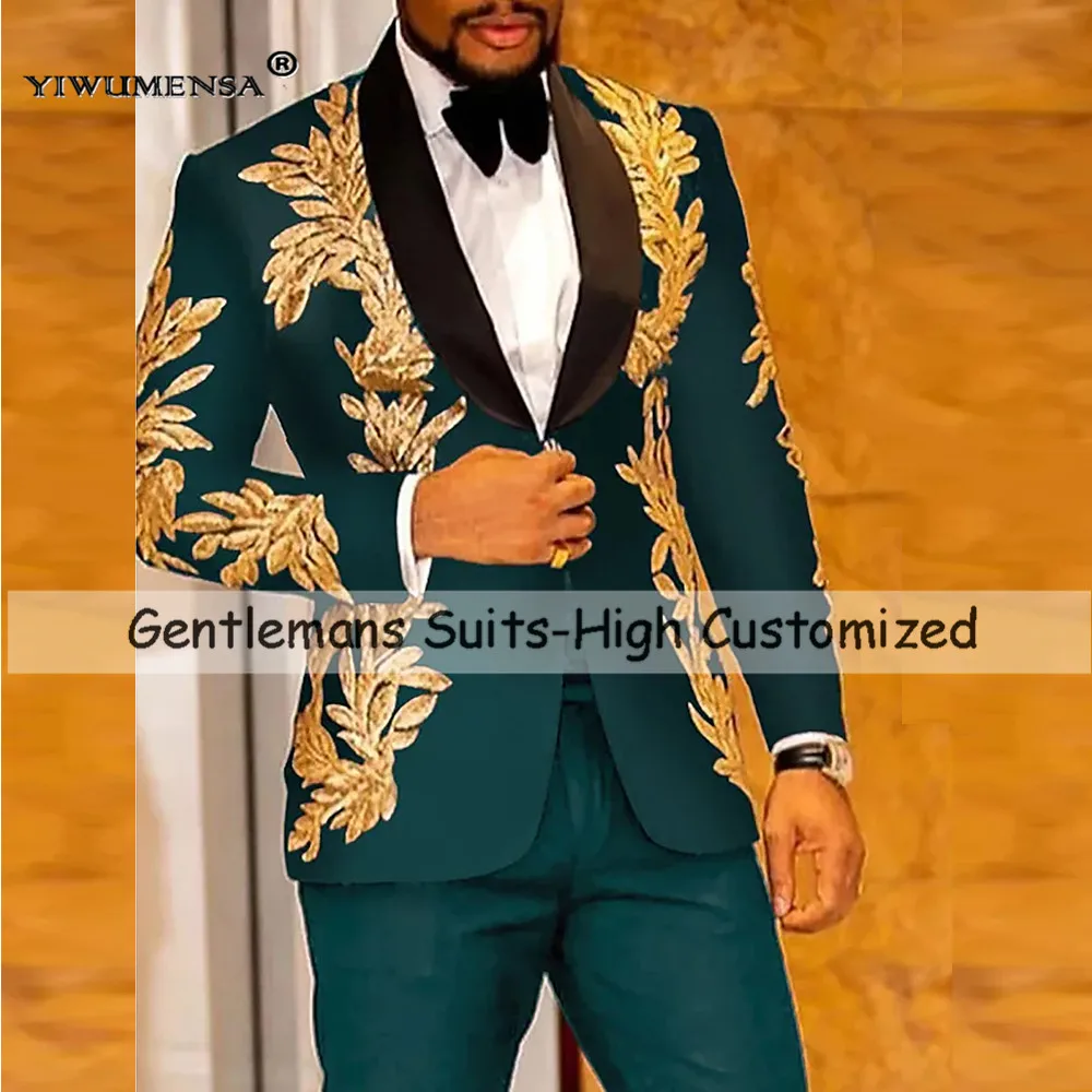 

Glitter Gold Appliques Suits Men For Wedding Single Breasted Jacket Pants 2 Pieces Groom Tuxedos Customized Man Banquet Dresses