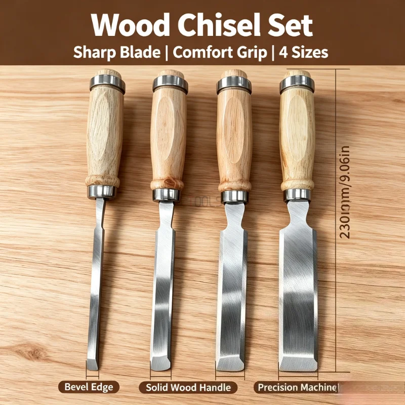 Wood Handle Flat Chisel 45 Steel Bevel Chisel Woodworking Chisel Set Hand Carving Gouge Carpentry DIY Cutting Carving Hand Tool