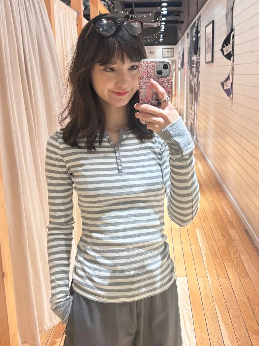 Six Buttons Gray Striped Long Sleeve T-shirt Woman Autumn O-neck Cotton Slim Tee Tops Vintage Preppy Style Sweet Tshirts New