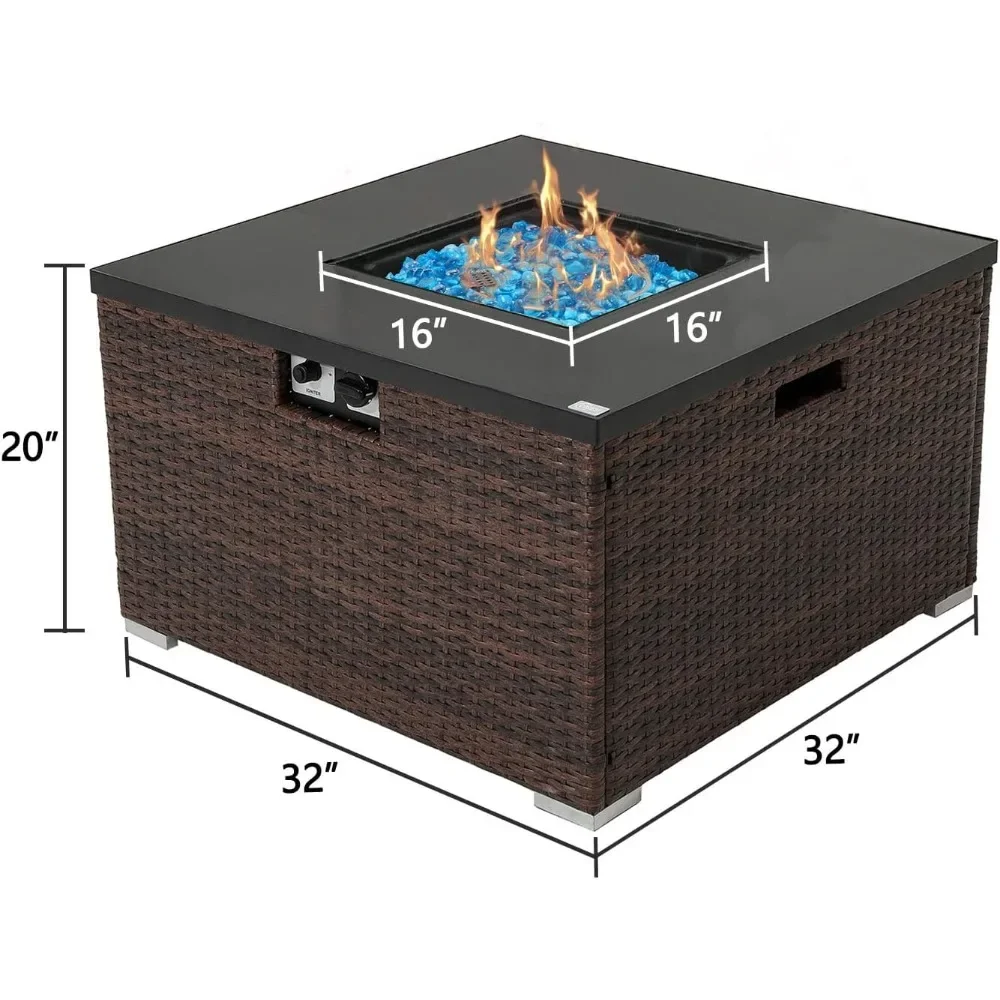 32-inch Fire Pit Table, Stainless Steel Burner, Fits 20lb Tank Outside, Aqua Blue Fires Glass and Cover, Square Wicker Fire Pit