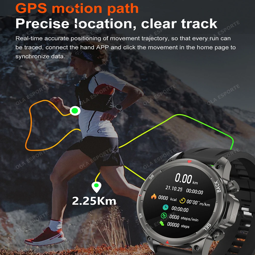 ผู้ชายนาฬิกาอัจฉริยะเข็มทิศเครื่องติดตามตำแหน่ง GPS หน้าจอ AMOLED โทรผ่านบลูทูธการตรวจสอบอัตราการเต้นของหัวใจ 100+ โหมดกีฬาสมาร์ทวอทช์