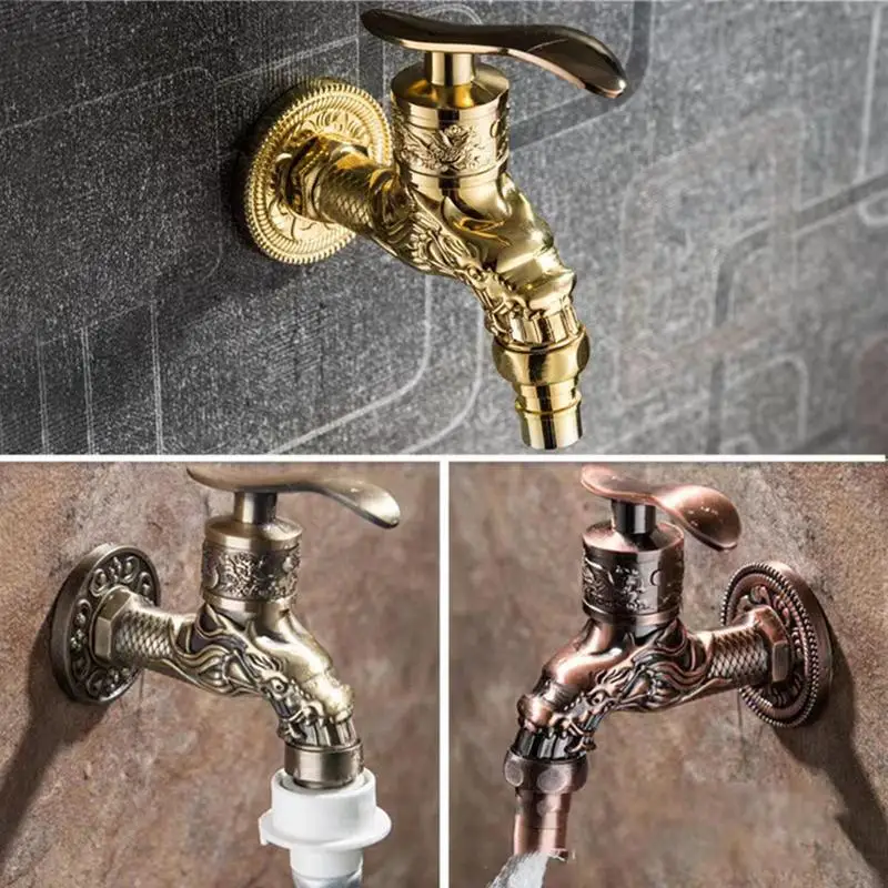 Antique Copper Tap Garden Brass Tap Garden 1/2 Inch Wall Mounted Dragon Carved Tap Vintage Tap for Home Kitchen Bathroom Outdoor