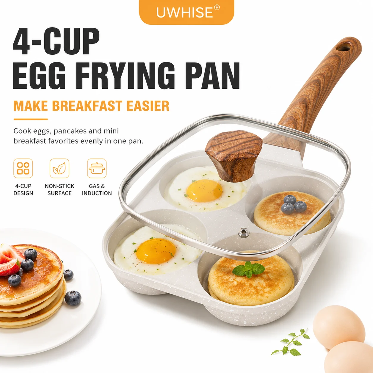 Uwhise 4 Cup Egg Frying Pan Non Stick Pancake Maker Pan With Glass Lid Deepened Breakfast Skillet For Gas Induction Cooker