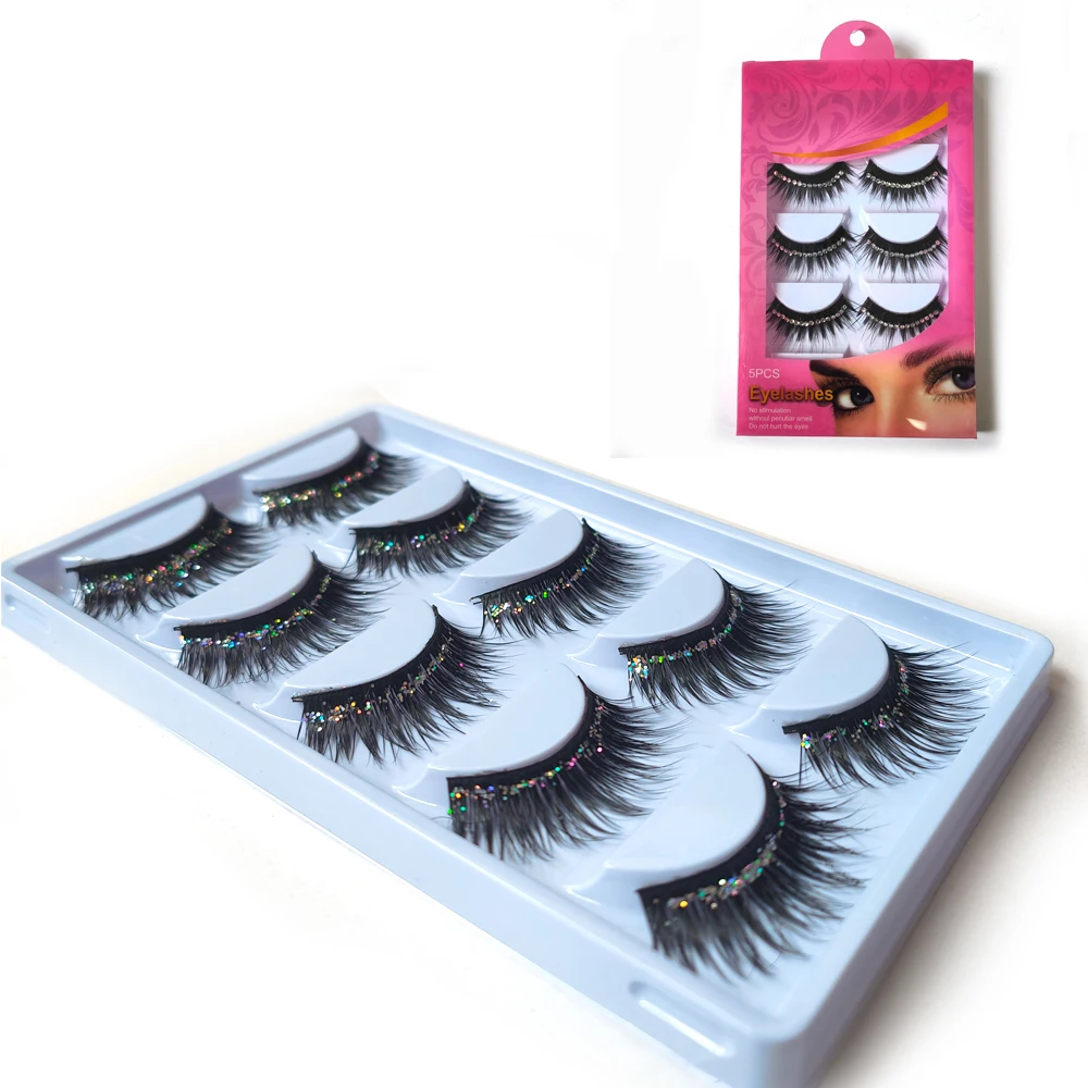 5 pares de maquiagem glitter cílios conjunto brilhante cílios festa mostrar passarela palco dramático olhando cílios extensão cosméticos