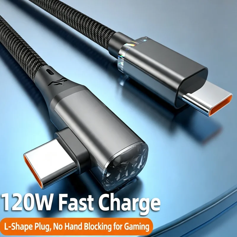 120W 90 Degree Right‑Angle USB‑C to USB‑C Braided Cable L‑Shape Elbow Charger Cord Data Sync Wire 1m 1.5m 2m For Huawei Xiaomi