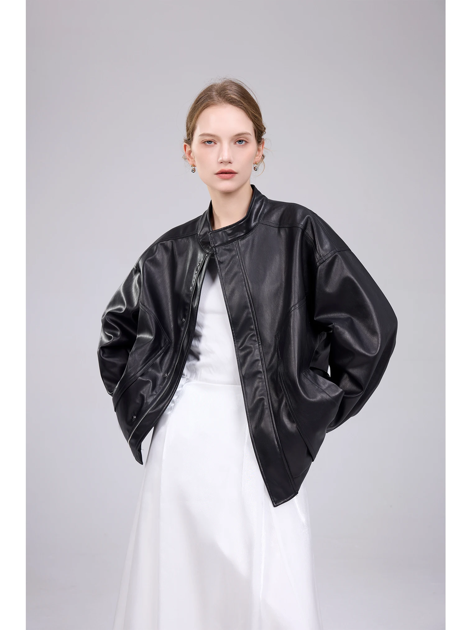 

Кожаная куртка NEBU Luxury Bla для женщин, премиум-класса, укороченная, осенняя коллекция 2025, новинка, устойчивая к деформации