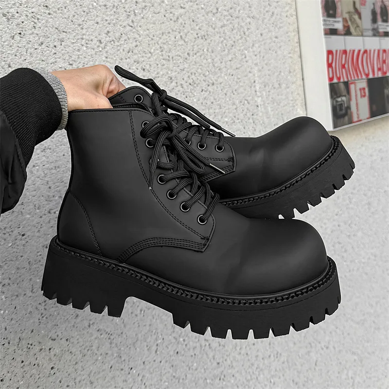 large size men casual punk rock platform boots lace-up genuine leather shoes cowboy autumn winter boot big toe ankle botas male
