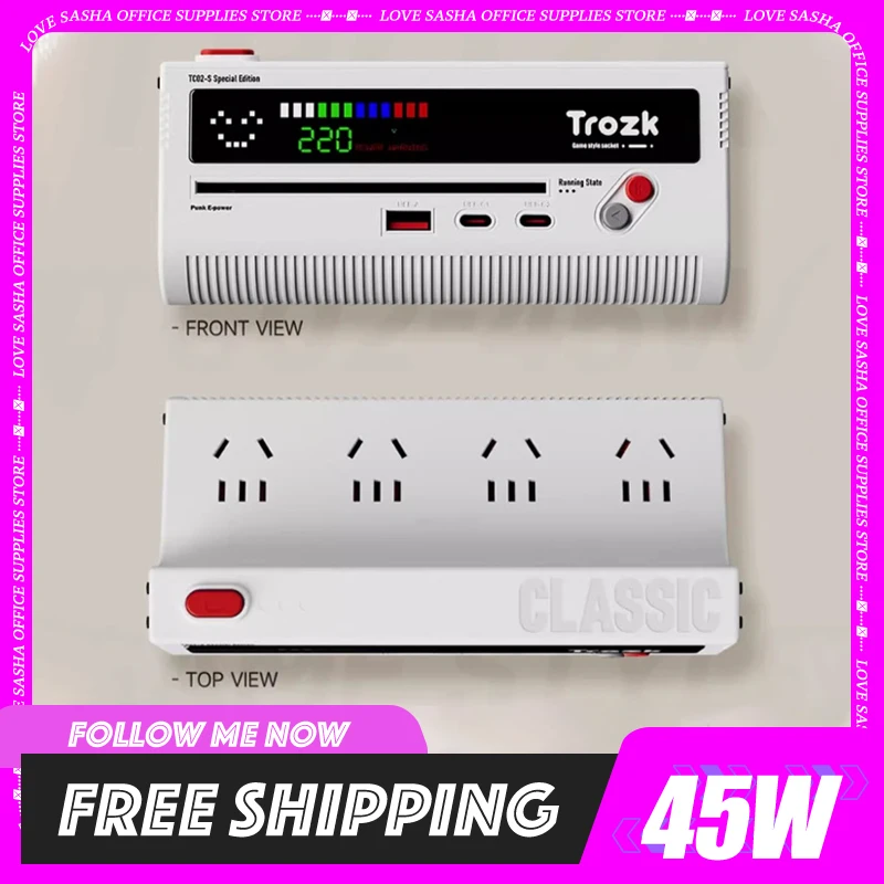 

Trozk Electrical Socket 45w/20w Battery Display Multi-Socket Retro Game Style Led Screen Fast Charge Plug Base Adaptors Desktop