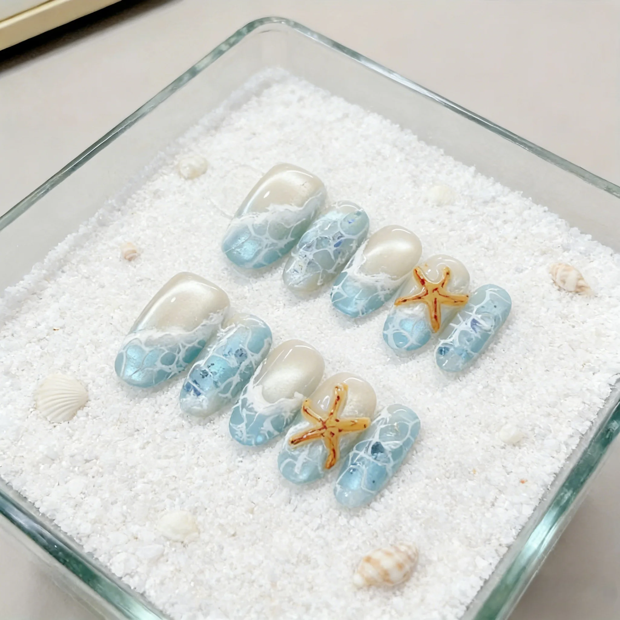 

10pcs Blue Sea Wave Pattern Handmade Nails Starfish Press on Nail Medium Oval Full Coverage Nail Tips for Women&Girl False Nail