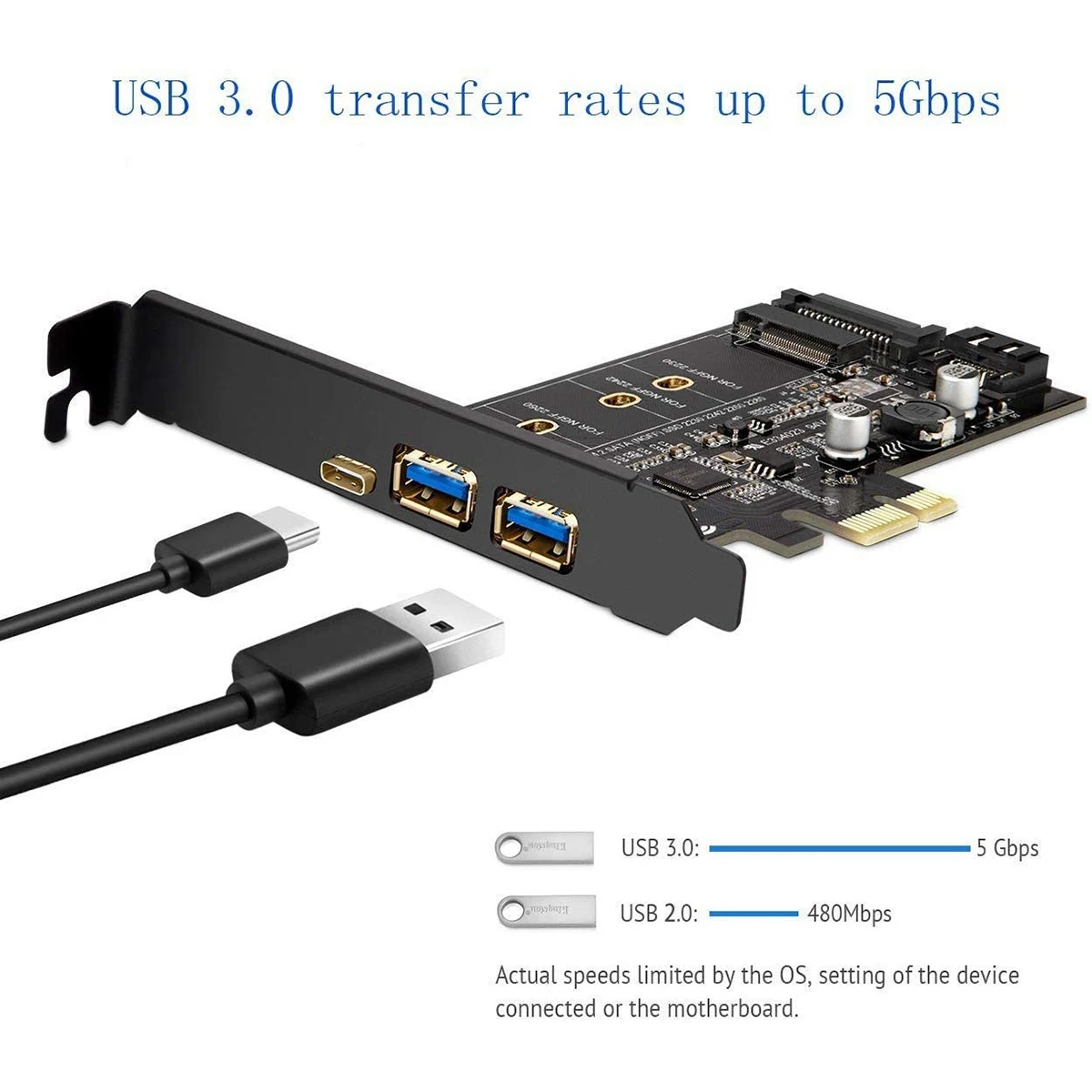 PCI-E to USB 3.0 PCI Express Card Incl.1 USB C and 2 USB A Ports, M.2 NVME to PCIe 3.0 Adapter Card with Bracket