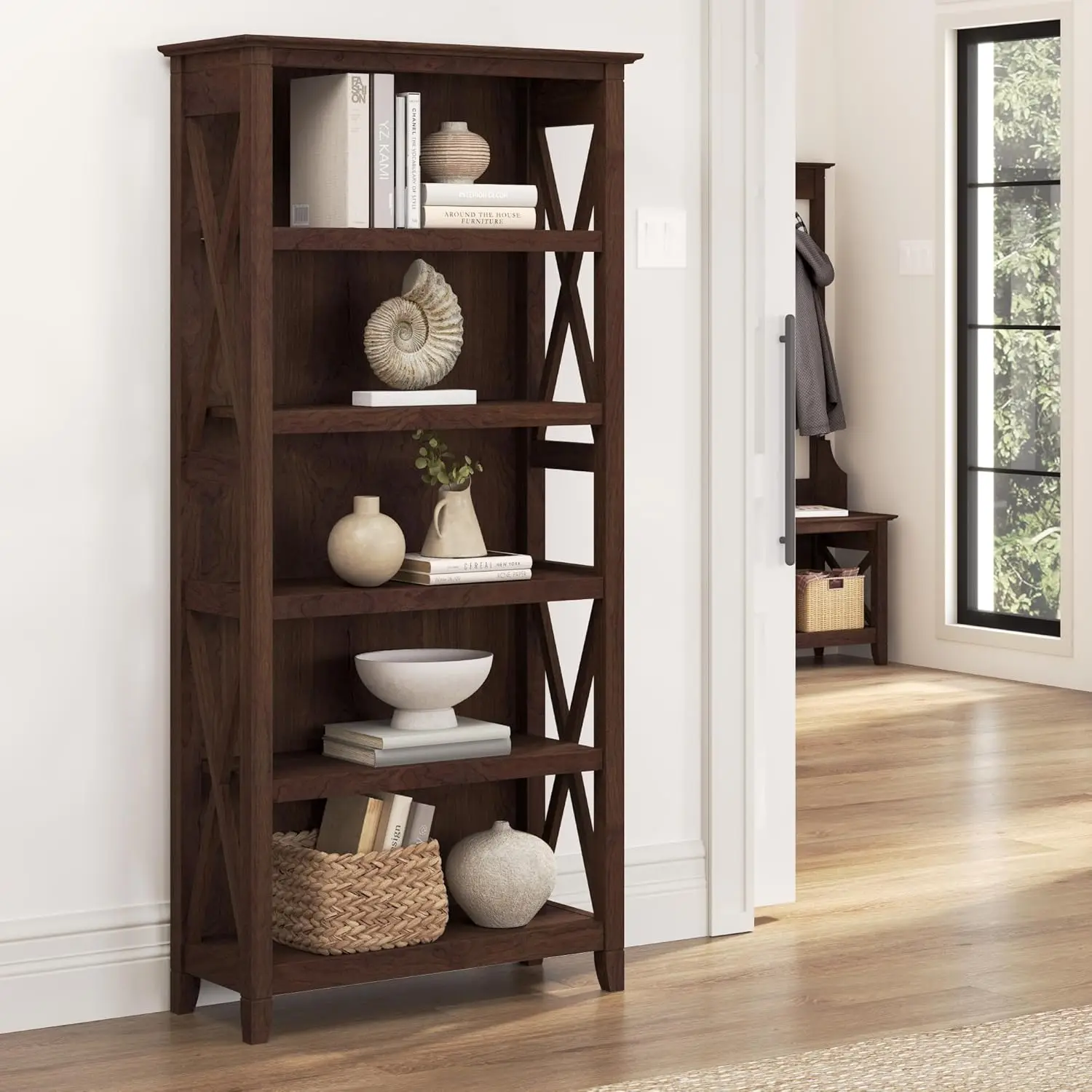 Key West Tall 5 Shelf Bookcase in Bing Cherry | Large Book Shelf, Large Bookshelf for Living Room or Office Space