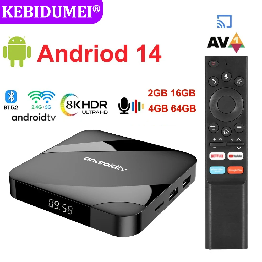 TV Box אנדרואיד 14 עם שלט קולי, 8K/4K, 4GB+64GB, Bluetooth 5.2, WiFi כפול