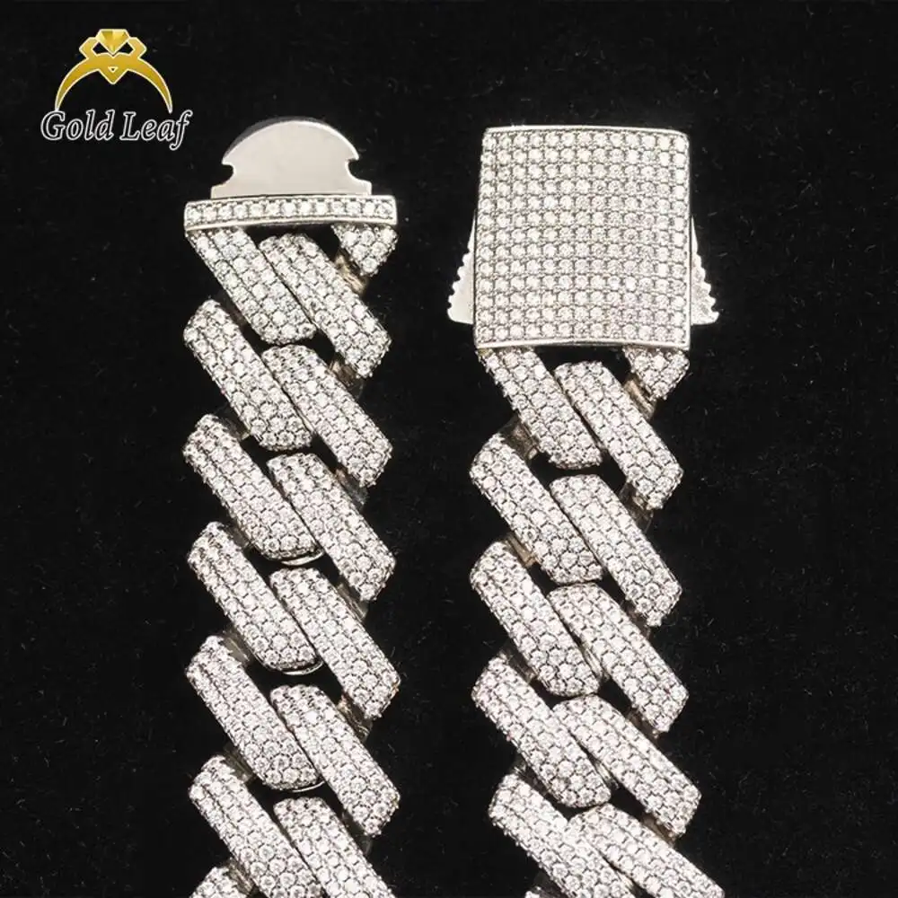 Luxury Goldleaf Jewelry S925 Sterling Silver Custom Cuban Chain Necklace Hip Hop 18mm Vvs Moissanite Cuban Link Chain for Men.