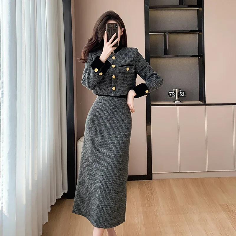 Real Shot Autumn Winter New French Fashionable Luxury Socialite High-end Classic Style Padded Short Jacket Women's Set Trendy