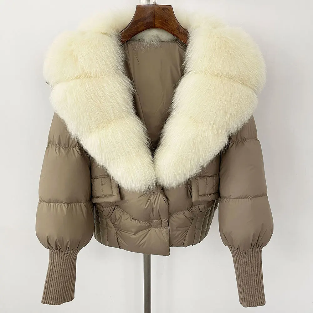 Abrigo con Cuello de piel para mujer, chaqueta de plumón de pato blanco, abrigo de piel de zorro de mapache Real, holgado, elegante, informal, para oficina, invierno, 2024