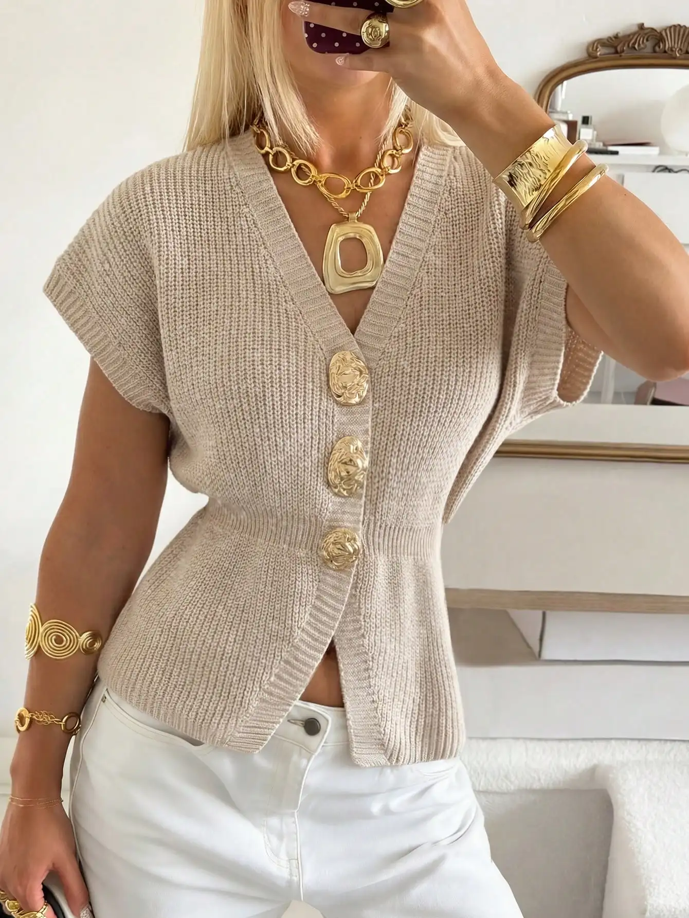 Women V Neck Knit Cardigan Beige Short Sleeve Golden Buttons Regular Length Slim Fit Button Up Casual Office Sweater Outerwear