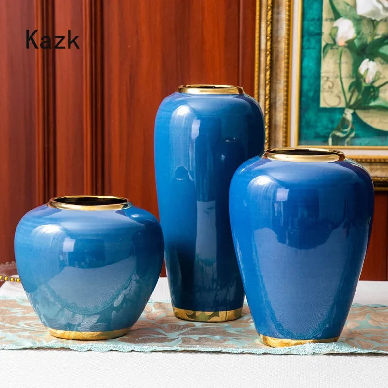 

Nordic Blue Gold Stroke Ceramic Vase Modern American Style Art Ikebana Dried Flower Vase Light Luxury Living Room Decoration