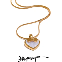 Yhpup Stainless Steel Heart Bow Knot Natural Shell Pendant Necklace Fashion Chic High Quality Summer Jewelry Waterproof Stylish