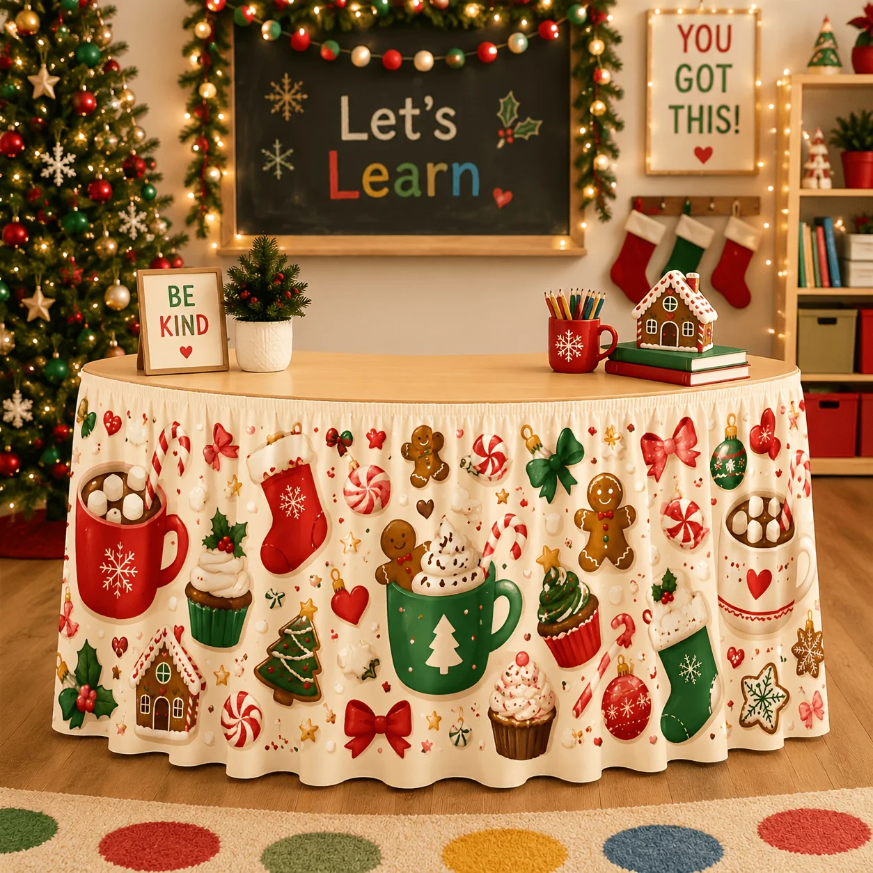 Hot chocolate cup, cake gingerbread man, gingerbread house, Christmas stocking, candy cane, bow tie, lighting fixture
