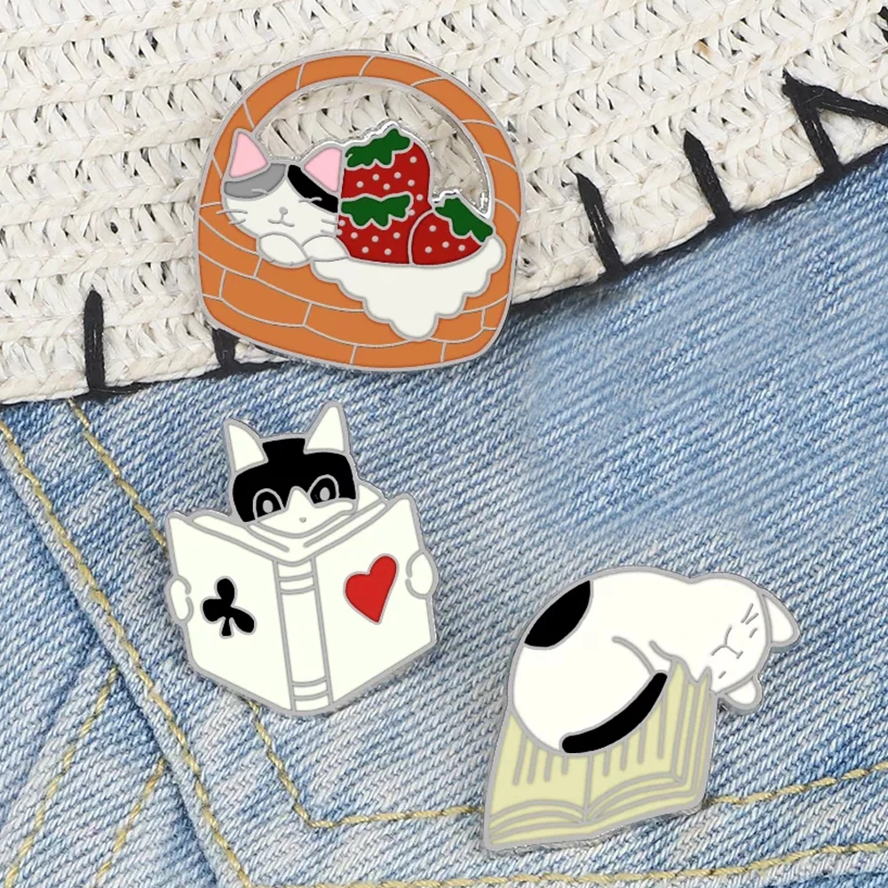 Cute Lazy Cat Enamel Pin Cartoon Animals Kitten Reading Book Sleeping Basket Brooches Clothes Lapel Badge Jewelry Friends Gifts